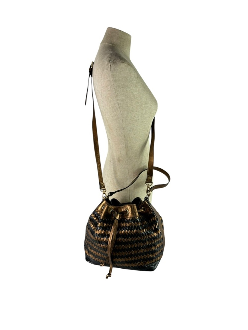 Vintage Woven leather Black & Metallic Bronze Leather Drawstring Bucket Bag